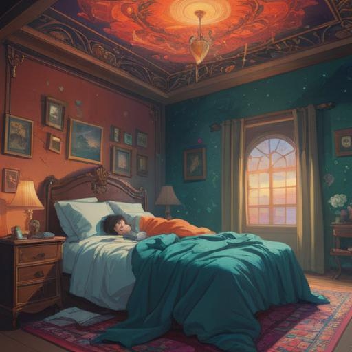 A serene and introspective scene depicting a person lying in bed with their eyes wide open, surrounded by ethereal, swirling dreams represented as colorful wisps of light, soft moonlight filtering through the window, a clock showing late hours, a gentle sense of longing and peace, ethereal figures representing thoughts and emotions dancing around, 4k
