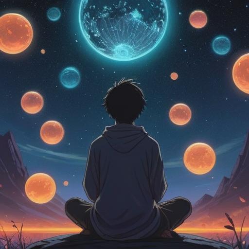 A serene and mystical illustration, a silhouette of a person peacefully meditating under a starlit sky, ethereal glowing orbs representing thoughts and dreams floating around, gentle waves of energy emanating from their body, symbols of spiritual awakening subtly integrated in the background, calming hues of blue and lavender, tranquil atmosphere, reflective expression, 4k