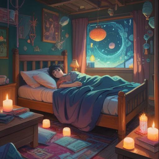 A serene and mystical scene depicting a person lying awake in bed, surrounded by floating symbols of spiritual signs, ethereal light illuminating their face, dreamlike atmosphere, subtle hints of anxiety in their expression, soft shadows and glows, calming color palette, celestial elements like stars and moons, 4k