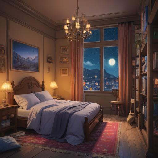 A dreamy, moonlit night scene, a cozy bedroom with soft lighting, a person lying awake in bed, surrounded by various lucky items like a four-leaf clover and a lucky cat, a window revealing starry skies, gentle shadows, a feeling of restlessness yet comfort, 4k