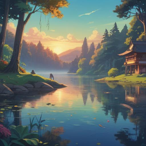 A serene scene depicting various relaxation techniques for mental wellness, tranquil environment, a person practicing mindfulness meditation by a peaceful lake, gentle ripples on the water, surrounded by lush greenery and soft sunlight filtering through trees, calming colors, inviting atmosphere, elements of yoga with mats and essential oils nearby, and a sense of harmony and balance, 4k