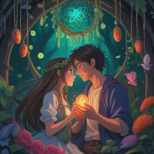 A serene illustration of a couple joyfully reunited, surrounded by lucky charms like four-leaf clovers and dreamcatchers, softly glowing in a twilight setting, warm colors, tranquil atmosphere, soft expressions, emphasizing love and hope, 4k