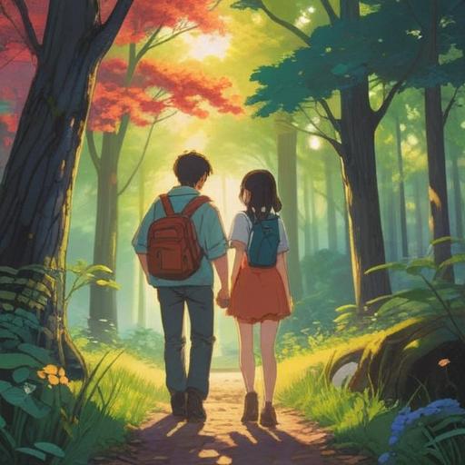 A hopeful scene depicting a couple taking a walk together, soft sunlight filtering through the trees, expressions of understanding and connection, gentle smiles exchanged, a park setting with blossoming flowers, a sense of renewal and reconciliation, 4k