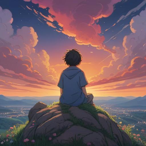 A serene, dreamlike scene depicting a person sitting on a hill under a twilight sky, surrounded by gently swirling clouds, soft light illuminating their weary expression, symbolic representations of lost love floating nearby, ethereal elements like wisps of mist and glowing orbs, an atmosphere of introspection and nostalgia, spiritual undertones reflecting heartbreak, calming yet poignant, 4k