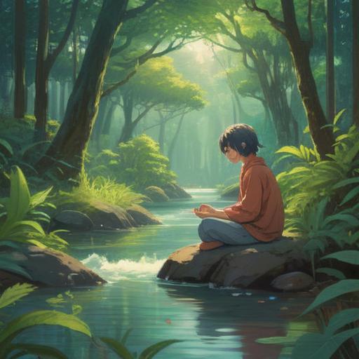 A serene landscape depicting a person meditating in nature, surrounded by lush greenery, gentle flowing water, soft sunlight filtering through trees, tranquil atmosphere, peaceful facial expression, symbols of mindfulness like lotus flowers and calming stones, vibrant but soothing colors, 4k