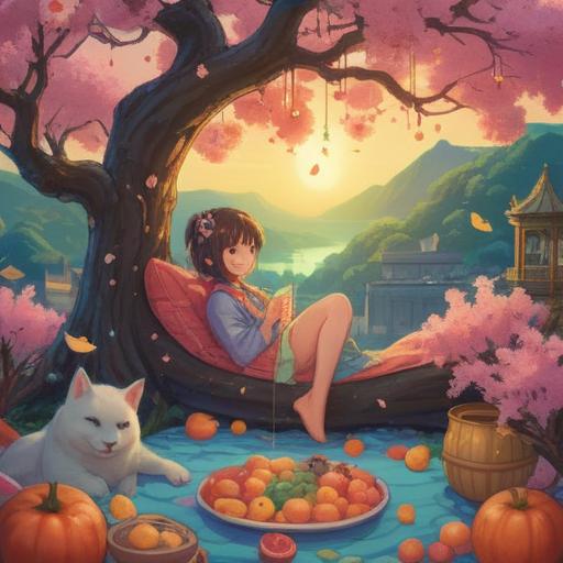 A serene and dreamlike scene, a sleepy character lounging under a blooming cherry blossom tree, surrounded by floating food items like colorful fruits and pastries, gentle pastel colors, ethereal light filtering through the branches, a tranquil atmosphere, representing the duality of hunger and drowsiness, whimsical elements, soft bokeh in the background, 4k