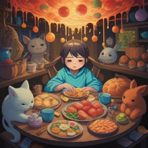 A dreamy, surreal illustration capturing a sleepy yet hungry character, surrounded by whimsical food items symbolizing spiritual signs, ethereal light shining through, soft pastel colors, serene atmosphere, gently floating elements, harmonious balance between sleepiness and appetite, 4k