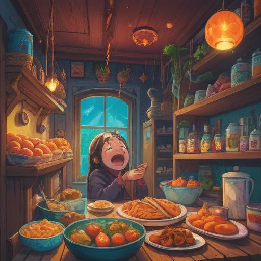 A whimsical scene depicting a sleepy character yawning while surrounded by a feast of delicious food, vibrant colors, playful expressions, cozy indoor setting, contrasting energy of sleepiness and hunger, detailed food items, warm lighting, 4k