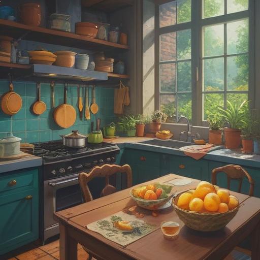 A serene kitchen scene, a cozy breakfast table with various healthy meals, a steaming cup of herbal tea, a notepad with balanced meal ideas, bright morning light filtering through the window, a calm atmosphere, subtle hints of sleepiness, fresh fruits and nuts, inviting and warm setting, 4k