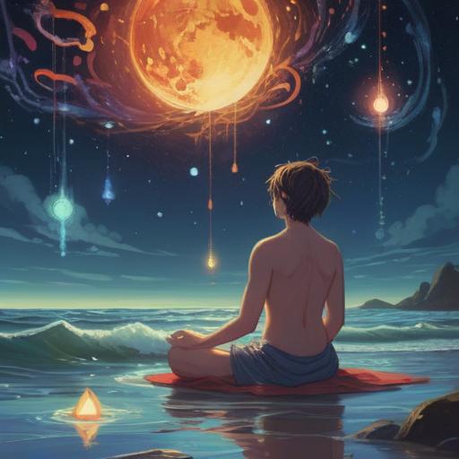 A serene and mystical illustration, a person meditating under a starry sky, surrounded by gentle waves of energy, glowing symbols representing dreams and nourishment, a peaceful expression reflecting deep insight, colors blending softly, ethereal atmosphere, spiritual elements intertwining with nature, 4k