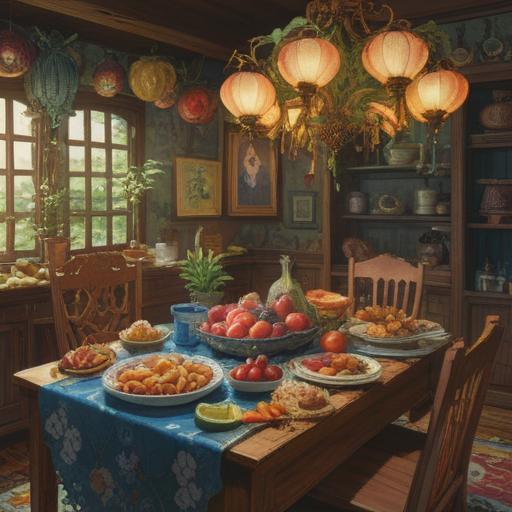 A serene illustration of a spiritual food scene, depicting a tranquil table set with vibrant fruits and nourishing dishes, soft light filtering through a window, a meditative atmosphere, inviting colors and textures, expressing comfort and rejuvenation, surrounded by calming nature elements, harmony and balance, 4k