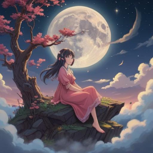 A serene scene depicting a tranquil individual resting peacefully under a glowing full moon, surrounded by soft clouds and gentle stars, ethereal light illuminating their face, a sense of calm and relaxation, symbolic elements like dreamcatchers and feathers floating nearby, a subtle aura of peaceful energy, harmonious colors, 4k