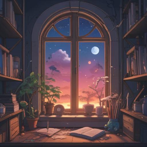 A serene and uplifting illustration, spiritual objects for motivation, calming colors, soft light illuminating crystals and motivational symbols, an open window revealing a bright sky, a cozy space filled with plants, a sense of tranquility and inspiration, 4k