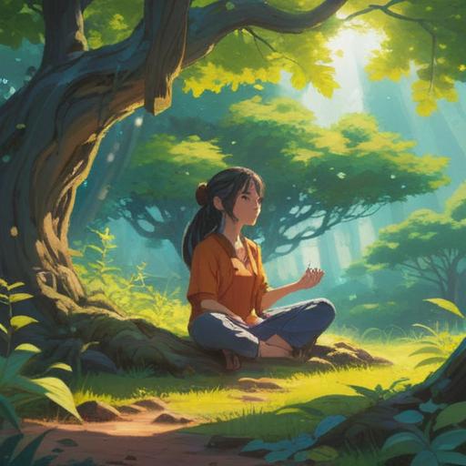 A calming illustration of a serene nature scene, a person meditating under a large tree, gentle sunlight filtering through leaves, harmonious colors, peaceful expression, elements representing mindfulness and self-care, warm and inviting atmosphere, uplifting and motivational vibes, 4k
