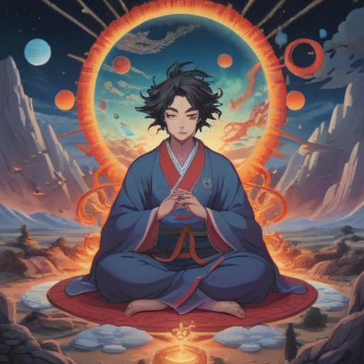 A serene illustration of Myoken Bosatsu, surrounded by celestial symbols and shimmering light, depicting divine guidance, a tranquil landscape with soft clouds, ethereal aura, spiritual enlightenment, harmonious colors, peaceful expression, intricate details of traditional Japanese attire, 4k