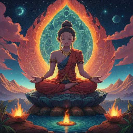 A serene scene depicting the connection with Myoken Bodhisattva, a person meditating peacefully under a starry sky, surrounded by glowing lucky items, ethereal light illuminating the surroundings, harmonious color palette, tranquil atmosphere, symbolic elements representing fortune, intricate details in clothing, 4k