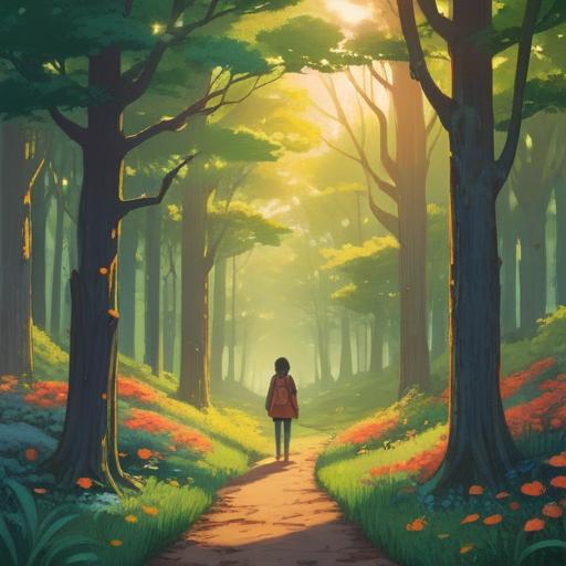 A serene daily scene depicting a person practicing mindfulness, gentle sunlight filtering through the trees, a calming park environment, symbols of luck like four-leaf clovers and horseshoes subtly integrated, a soft breeze rustling leaves, peaceful expressions on faces, vibrant greenery, uplifting atmosphere, 4k