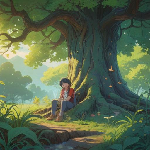 A serene landscape depicting a person sitting under a large tree, contemplating life, soft sunlight filtering through the leaves, symbols of energy such as chakras and auras gently glowing around, a feeling of introspection and peace, otherworldly elements like subtle spiritual orbs, lush green surroundings, tranquil atmosphere, 4k