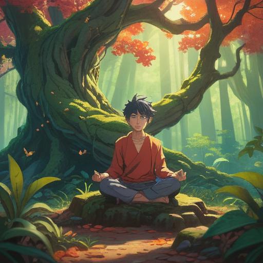 A serene and introspective scene depicting a person meditating under a large, ancient tree, soft sunlight filtering through the leaves, a gentle breeze rustling the grass, spiritual symbols subtly illuminated around them, a peaceful expression on their face, reflecting on the fatigue as a sign of awakening, harmonious colors, dreamlike atmosphere, 4k
