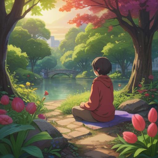 A serene illustration of a person sitting in a tranquil park, surrounded by vibrant greenery and colorful flowers, holding a shimmering lucky stone in their hand, a look of contemplation on their face, soft sunlight filtering through the leaves, inspirational atmosphere, peaceful environment, 4k