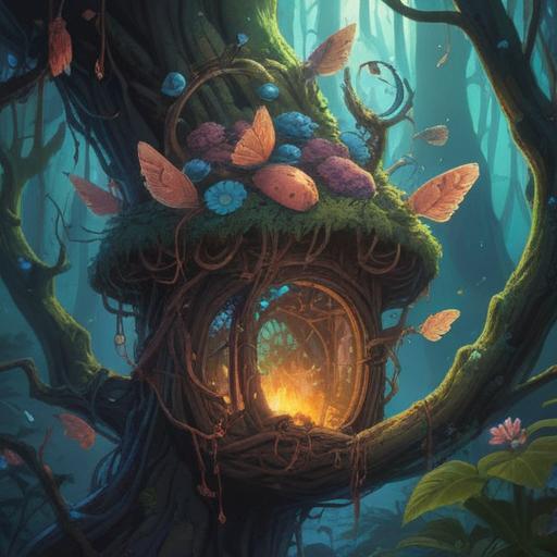 A mystical illustration showcasing a vibrant, spiritual scene centered around a bagworm, entwined with symbolic imagery, soft ethereal lighting, elements of nature surrounding it, representing transformation and inner wisdom, intricate patterns reflecting spiritual growth, calming aura, 4k