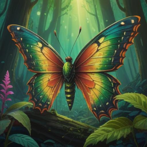 A mystical scene depicting a bright green bagworm transforming into a beautiful butterfly, surrounded by shimmering light and vibrant colors, lush forest background filled with symbolic elements representing spiritual growth and transformation, serene atmosphere, ethereal glow, detailed texture on the bagworm, enchanting natural setting, 4k