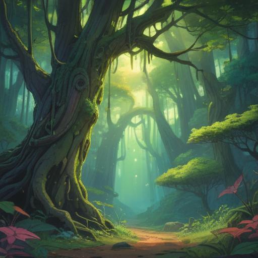 A mystical forest scene, a vibrant green landscape, a cedar tree adorned with a cocoon, ethereal light filtering through leaves, spiritual symbols subtly integrated, an aura of transformation and rebirth, serene atmosphere, gentle creatures observing, 4k