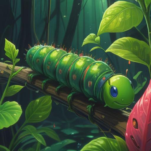 A whimsical illustration of a bright green caterpillar, perched on a vibrant leaf, surrounded by numbers floating in the air, each reflecting different shades of luck, a sunny garden scene, soft focus background, enchanting atmosphere, nature-inspired elements, 4k
