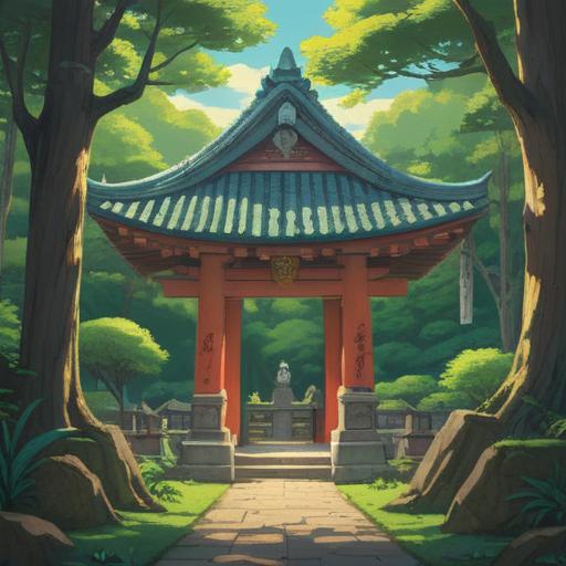 A serene illustration of Minatogawa Shrine, lush green trees surrounding the shrine, tranquil atmosphere, spiritual essence depicted in soft light, traditional architecture with intricate details, peaceful landscape, a sense of harmony with nature, worshippers in meditation, ethereal glow, 4k