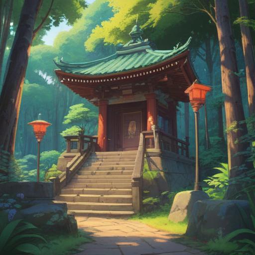 A serene and spiritual depiction of Minato-gawa Shrine, surrounded by lush greenery, gentle sunlight filtering through the trees, a tranquil pond reflecting the shrine, traditional Japanese architecture, soft cherry blossoms falling, visitors meditating and finding peace, birds singing in the background, harmonious atmosphere, 4k