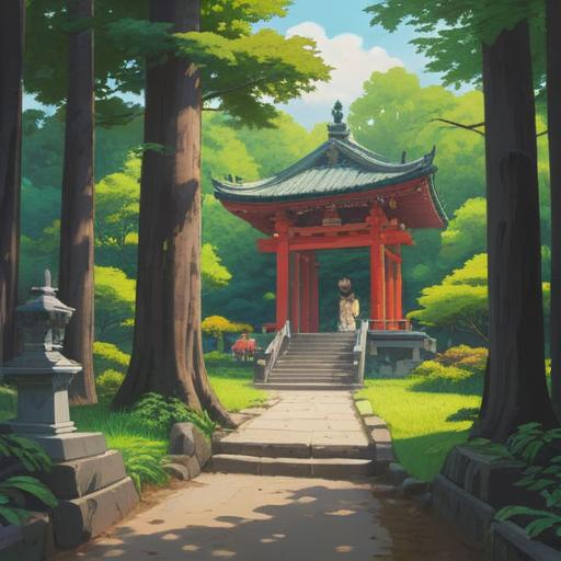 A serene illustration of Minakawa Shrine, enchanting natural surroundings, visitors observing spiritual signs, vibrant greenery, soft sunlight filtering through trees, traditional Japanese architecture, subtle energy fields around ancient stones, peaceful atmosphere, harmonious connection with nature, 4k