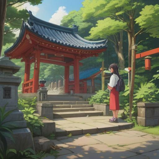 A serene scene depicting a visit to Minatogawa Shrine, a tranquil atmosphere, lush greenery surrounding the shrine, a bright, welcoming torii gate, a joyful visitor holding a lucky charm, vibrant colors symbolizing good fortune, traditional Japanese architecture in the background, a sense of peace and spirituality, capturing the essence of a cultural experience, 4k