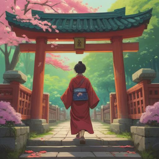 A serene illustration of a visitor leaving Minatogawa Shrine after their prayer, with a radiant aura symbolizing good fortune, cherry blossoms gently falling around, a golden light illuminating their path, reflections of hope and positivity in their eyes, traditional Japanese architecture in the background, peaceful ambiance, harmonious colors, 4k