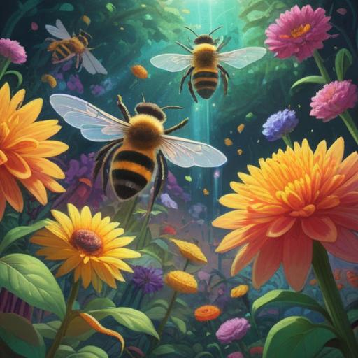 A mystical illustration depicting bees in a vibrant garden, representing spiritual connectedness, golden honeycombs shimmering in sunlight, colorful flowers blooming around, ethereal glow surrounding the bees, symbols of transformation and community, harmonious natural setting, serene atmosphere, 4k