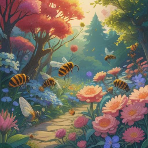 A serene depiction of bees symbolizing spiritual guidance, vibrant colors, ethereal aura, garden filled with blooming flowers, gentle sunlight filtering through leaves, harmonious atmosphere, interconnectedness of nature, soft-focus background, uplifting energy, 4k