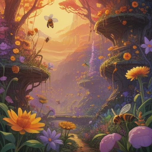 A serene scene depicting honeybees interacting with flowers, vibrant colors, spiritual symbols subtly integrated into the design, soft golden light illuminating the surroundings, lush green garden setting, gentle breeze enhancing the ethereal feeling, metaphorical representation of spiritual signs, intricate details in bee and floral patterns, 4k