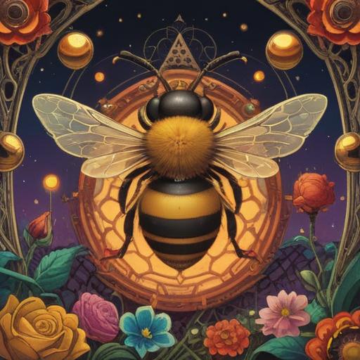 A mystical representation of a honeybee as a spiritual lucky charm, surrounded by glowing orbs, intricate patterns, and vibrant floral elements, evoking a sense of harmony and positivity, rich symbolism, enchanting atmosphere, warm golden hues, intricate details, 4k