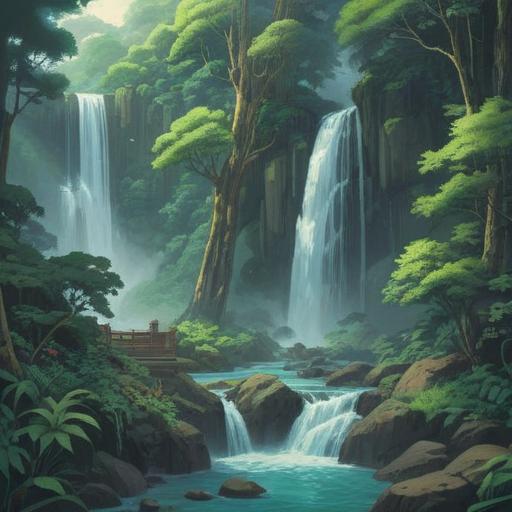 A serene illustration of Minoo Waterfall, surrounded by lush green trees, ethereal mist rising from the falls, symbolizing tranquility and spiritual awakening, sunlight filtering through the leaves, peaceful ambiance, delicate flowing water, harmonious nature, 4k