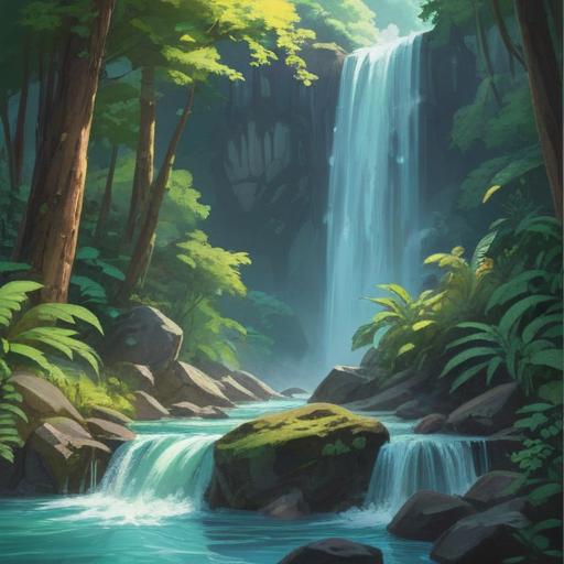 A serene landscape depicting the Minoo Falls, gentle water cascading down, lush greenery surrounding the area, radiant light filtering through the trees, ethereal mist rising from the water, spiritual symbols subtly integrated into the scene, calming atmosphere, sense of tranquility and connection with nature, 4k