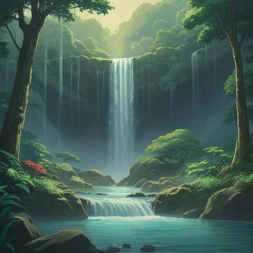 A serene landscape illustration of Minoh Falls, lush green surroundings, a clear flowing waterfall, mystical aura, subtle spiritual symbols subtly integrated into the scenery, hints of nature spirits, fresh air, peaceful atmosphere, 4k