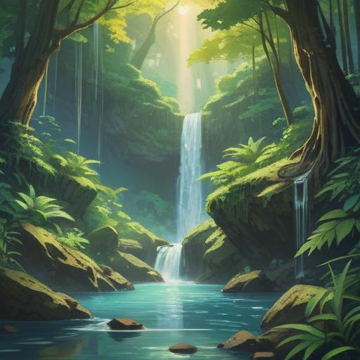 A serene landscape after visiting Minoo Waterfall, featuring a hidden lucky charm among the lush greenery, dappled sunlight filtering through the leaves, tranquil atmosphere, vibrant nature, glimpses of wildlife, harmonious blend of colors, sense of discovery, 4k