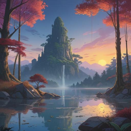 A serene landscape with a radiant sunrise, gentle mist rising from a tranquil lake, ethereal light filtering through ancient trees, symbols of release and freedom in the air, a figure meditating peacefully, surrounded by soothing nature, vibrant colors, a sense of liberation and hope, 4k
