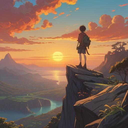 A captivating scene of a person standing on a cliff edge, gazing at a rising sun symbolizing new beginnings, holding a symbolic item representing their past, wind blowing through their hair, a sense of determination in their posture, vibrant colors reflecting hope, clear sky with fluffy clouds, serene nature surrounding the scene, 4k