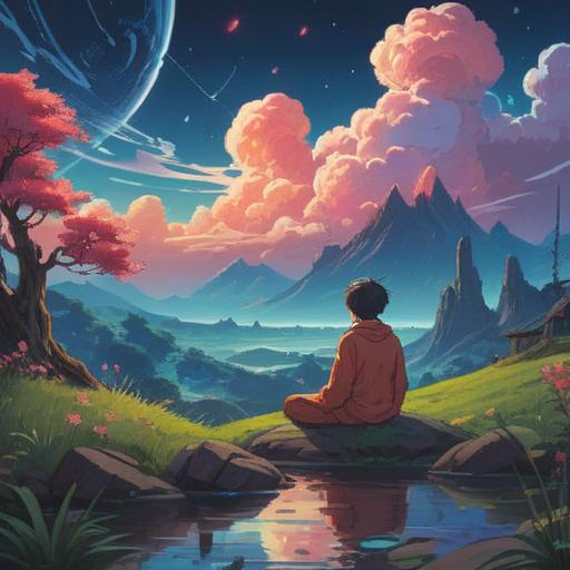A thought-provoking illustration depicting the concept of predetermined future, ethereal landscapes, celestial motifs, a person in meditation reflecting on destiny, intertwining paths symbolizing life choices, a cosmic backdrop with stars and galaxies, a serene atmosphere encouraging introspection, vivid colors blending harmony, 4k