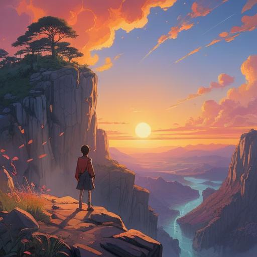 A serene landscape depicting a person standing on a cliff, gazing at a radiant sunrise, ethereal light shining down, surrounded by symbolic elements like a soaring eagle and blooming flowers, a sense of peace and destiny, spiritual energy flowing, vivid colors, uplifting atmosphere, 4k