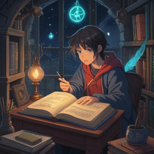 A mysterious and ethereal scene depicting a character gazing at an ancient diary with glowing pages, surrounded by cosmic symbols and spiritual icons, a sense of foreboding yet enlightenment, twilight atmosphere, intricate details of the diary's mystical writings, soft flowing patterns in the background, surreal and dreamlike quality, 4k