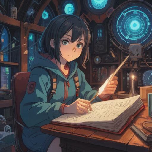 A vivid representation of a futuristic diary, glowing pages filled with transformative insights, a character reflecting on personal growth, surrounded by holographic images of their past and future, vibrant cityscape in the background, ethereal lighting, symbolizing change and self-discovery, 4k