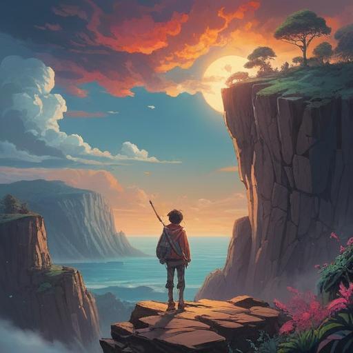 A contemplative scene depicting a person standing at the edge of a cliff, gazing into a vast, uncertain future, ethereal clouds swirling around, soft light illuminating their face, a sense of hope mingled with anxiety, symbolic elements like butterflies representing transformation, intertwining roots and branches suggesting connection to nature, dreamlike atmosphere, 4k