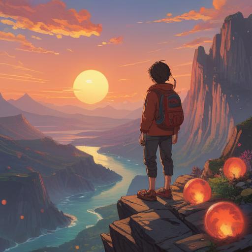 A serene illustration depicting a person standing on a cliff at sunset, looking towards distant mountains, surrounded by glowing orbs of light representing positive energy, subtle signs of nature reflecting hope, ethereal colors blending softly in the sky, a feeling of tranquility and introspection, emphasizing the connection between the earthly and the spiritual, 4k