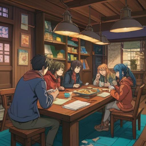 An engaging scene depicting a group of diverse characters collaborating around a large table filled with notes and diagrams, a bright and organized workspace, various colorful sticky notes, dynamic expressions of teamwork and creativity, warm lighting highlighting the collaborative spirit, 4k